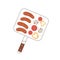 BBQ grilling basket with handle. Metal barbecue device with food, sausages, vegetables and mushrooms. Barbeque equipment