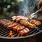 BBQ mastery Mans hand grills barbecue for smoky backyard delight