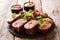 BBQ menu: Pork ribs and fresh vegetable salad with ketchup and m