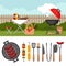 Bbq party background with grill. Barbecue poster. Bbq tools set.