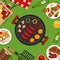 Bbq party background with grill. Barbecue poster. Flat style, vector illustration.