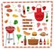 BBQ party elements isolated on white background.Products BBQ,steak, fish meat, beef, vegetables, herbs, fast food , wine