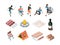 Bbq party. People relax picnic outdoor barbecue fresh products eating persons family playing vector isometric