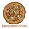BBQ pizza with pork, chicken, bell pepper, barbecue sauce, mushroom, pesto. Neapolitan round pizza on white background
