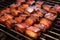 bbq pork belly slices sizzling on a hot grill