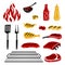 Bbq set of grill objects and icons. Stylized kitchen and restaurant items.