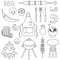 BBQ set. Sketch. Picnic vector illustration collection. Things for outdoor recreation. Apron, brazier, fire, grill.