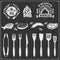 BBQ set. Steak icons, BBQ tools and labels and emblems.