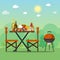 BBQ summer party vector illustration. Barbecue food is on the wooden table. Grill picnic with tasty meal on the sunny