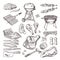 Bbq vector hand drawn illustration set. Grilled meat and other accessories for barbecue party