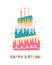 Bday cake with candles in three tiers. Holiday vertical greeting card happy birthday. Festive elements on a white
