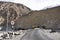 Be careful stone slide landslide on the road between Diskit - Turtok Highway road at Leh Ladakh in Jammu and Kashmir, India