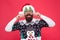 Be fashionable and celebrate. Happy hipster in fashionable santa style. Bearded man twirl fashionable mustache. Holiday