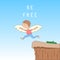 Be free - cute cartoon character with open arms with wings - the concept of freedom and creativity. Jump off a cliff