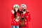 Be happy. family together on winter holiday. happy father and daughter love xmas. little girl and dad santa hat. bearded