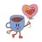 Be mine Valentine - groovy poster or t-shirt print template with cute cartoon cup character holding baloon with