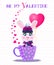 Be my Valentine card with cute rabbit in violet knitted hat