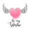 Be my Valentine- Handwritten motivational quote  3d pink heart with hand drawn doodle wings isolated on white. Lettering