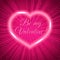 Be my Valentine Pink Valentines day greeting card with neon heart on shiny rays background. Romantic vector illustration. Easy to