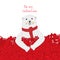 ``Be My Valentine`` text and Polar bear holding shining red heart. Happy Valentine`s day greeting card