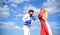 Be ready defend your point view. Man and woman fight boxing gloves blue sky background. Defend your opinion in