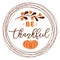 Be thankful text decorated fall branch with berry pumpkin into circle wreath orange brown autumn colors Thanksgiving day