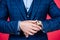 be in time. Blue suit and wristwatch on male hand cropped view. Mens wardrobe.