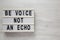 `Be voice not an echo` on a lightbox on a white wooden surface, top view. Flat lay, overhead, from above. Copy space