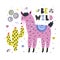 Be wild card with cute llama eating cactus. Funny print in childish style with alpaca