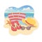 Beach accessories, flat illustration, summer vacation sticker design. Beach bag, brimmed hat, flip flops, towel, sunglasses on san