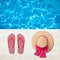 Beach accessories flip flops and hat. Summer resort objects collage isolated.