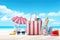 Beach accessories: glasses, panama, bag, parasol, sun lounger and tropical landscape - Generative AI