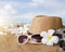 Beach accessories on wooden board,Straw hat,sunglasses on wood