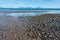 Beach of Anglesey at low tide and mountains of Snowdonia