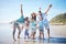 Beach, arms and portrait of excited family with kids for holiday, vacation and adventure by sea. Grandparents, travel