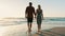 Beach, back and couple holding hands while walking at sunset with love, freedom or bond in nature, Travel, sunrise and