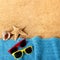 Beach background border sunglasses, towel, starfish and sea