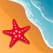 Beach background. Sea shore. The waves and sand. Starfish. Vector Image.