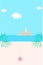 Beach background with starfish, sand boat, coconut leaves and sea. Seaside view poster. Summer holidays illustration and summer ve