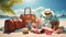 a beach bag filled with vibrant summer accessories set against the backdrop of a tropical beach. The scene encapsulates