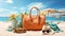 a beach bag filled with vibrant summer accessories set against the backdrop of a tropical beach. The scene encapsulates