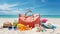 a beach bag filled with vibrant summer accessories set against the backdrop of a tropical beach. The scene encapsulates