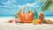 a beach bag filled with vibrant summer accessories set against the backdrop of a tropical beach. The scene encapsulates