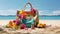 a beach bag filled with vibrant summer accessories set against the backdrop of a tropical beach. The scene encapsulates