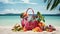 a beach bag filled with vibrant summer accessories set against the backdrop of a tropical beach. The scene encapsulates