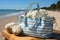 Beach bag packed with towels and beach day goodies, relaxing summer scene