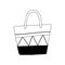 Beach bag with strips of trapezoidal shape.Black and white bag.Doodle illustration.Bag isolated on a white background.High handles