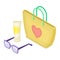 Beach Bag with Sunglasses and Tanning Lotion as Vacation Time Isometric Vector Composition