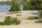 Beach on the banks of the river. Girl and boy standing on shore