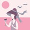 Beach banner or poster design with girl in violet summer hat drinking martini cocktail. Flat vector illustration in